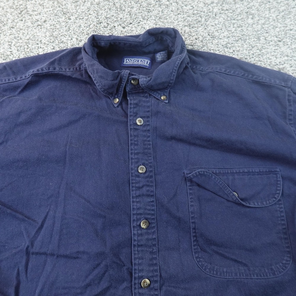 VTG Lands End Shirt Mens XL Blue Denim Short Sleeve Button Up Pocket Casual Work